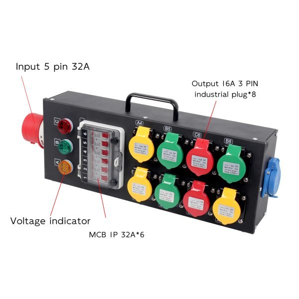 Black Stage Outlet Box 8-Way Aerial Outlet Power Bank 5-pole 32A in 8-way 3-pole 16A out with Voltmeter and RCB FNP6-H816A