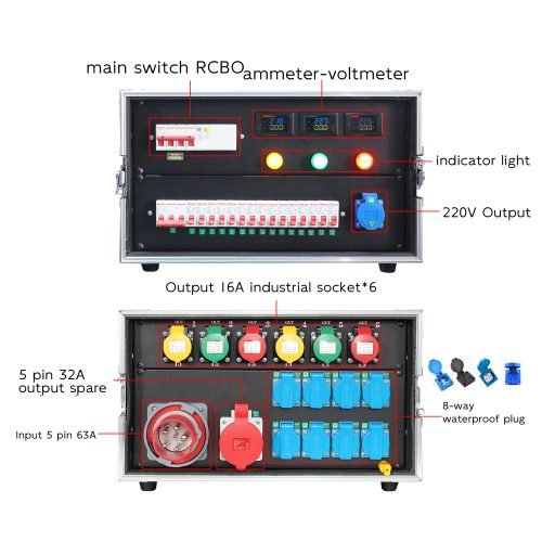 Stage outlet box 6-way aviation outlet power box 5 core 63A in 6-way 3 core 16A out + 8-way multi-function socket plus ammeter-voltmeter plus RCB plus RCBO FNP6-6U1416