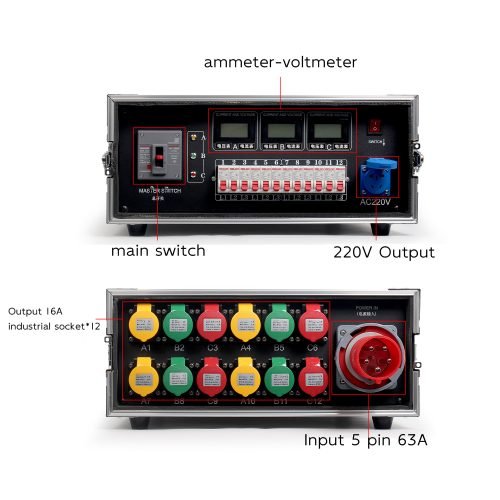 Stage outlet box 12-way aviation outlet power box 5 core 63A in 12-way 3 core 16A out plus ammeter-voltmeter plus RCB plus RCBO FNP6-4U1216A