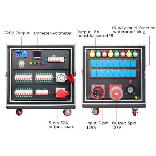 Stage outlet box 8-way aviation outlet power box 5-pole 125A input and output 8-way 3-pole 16A output 3500W each way plus 16 multi-function sockets plus ammeter-voltmeter plus RCB plus RCBO FNP6-S10U816A