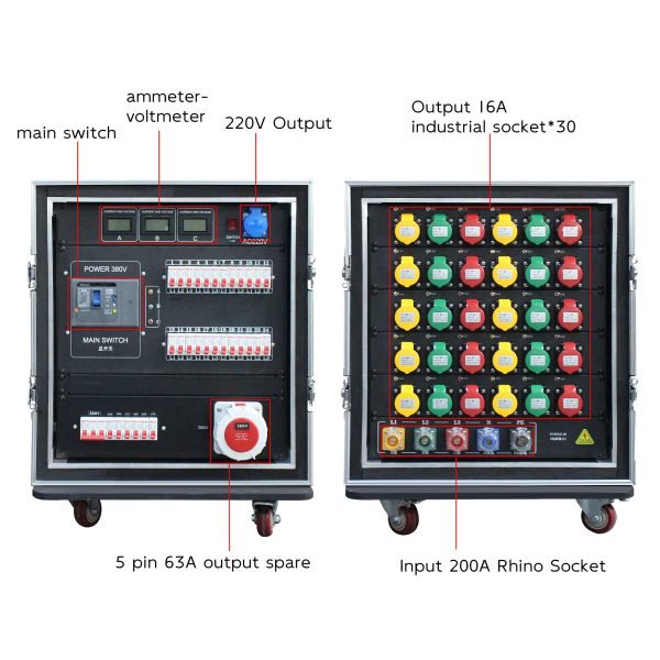 Stage Outlet Box 30-way aviation outlet power box 200A American rhino horn input 30-way 3-core 16A output plus current voltmeter plus RCB plus adjustable RCBO FNP6-S12U3016