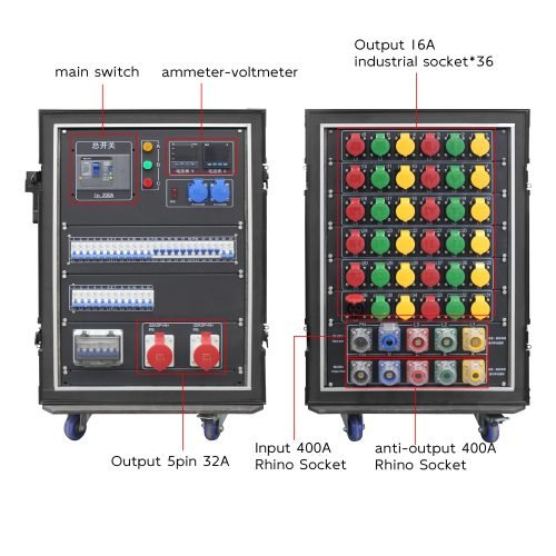Stage Receptacle Box 36 Way Aviation Receptacle Power Box 400A American Rhino Horn Input and Output 36 Way 3 Core 16A Output 3500W Each Way Plus Ammeter Voltmeter Plus RCB Plus Adjustable RCBO FNP6-S14U3616