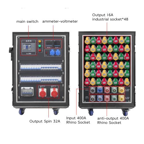 Stage Receptacle Box 48-way Aviation Receptacle Power Box 400A American Rhino Horn Input and Output 48-way 3-pole 16A Output 3500W per circuit plus Ammeter Voltmeter plus RCB plus Adjustable RCBO FNP6-S16U4816