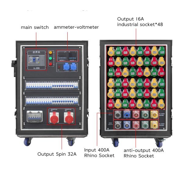 Stage Receptacle Box 48-way Aviation Receptacle Power Box 400A American Rhino Horn Input and Output 48-way 3-pole 16A Output 3500W per circuit plus Ammeter Voltmeter plus RCB plus Adjustable RCBO FNP6-S16U4816