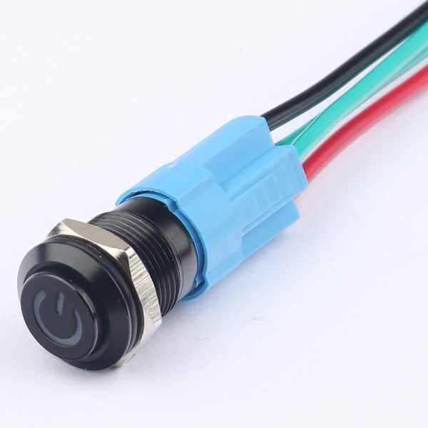 12MM Aluminium alloy Black Metal Pushbutton Switch with LED Power Symbol Waterproof Latching Momentary Socket Pushbutton with wire socket