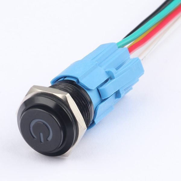 16MM Metal Pushbutton Switch Aluminum Oxide Waterproof Pushbutton Self-Locking Self-Returning High Head Power Symbol LED Black Pushbutton with Cord Socket