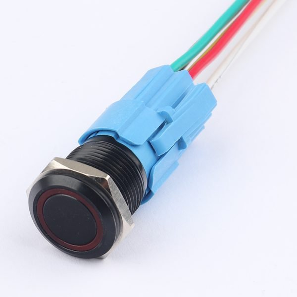 16MM Metal Pushbutton Switch Aluminum Oxide Waterproof Pushbutton Self-Locking Self-Returning High Head Halo Ring LED Black Pushbutton with Wire Socket