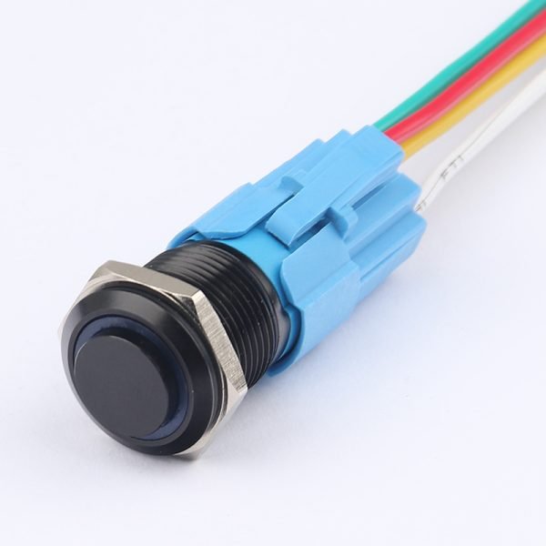 16MM Metal Pushbutton Switch Aluminum Oxide Waterproof Pushbutton Self-Locking Self-Returning High Head Halo Ring LED Black Pushbutton with Wire Socket