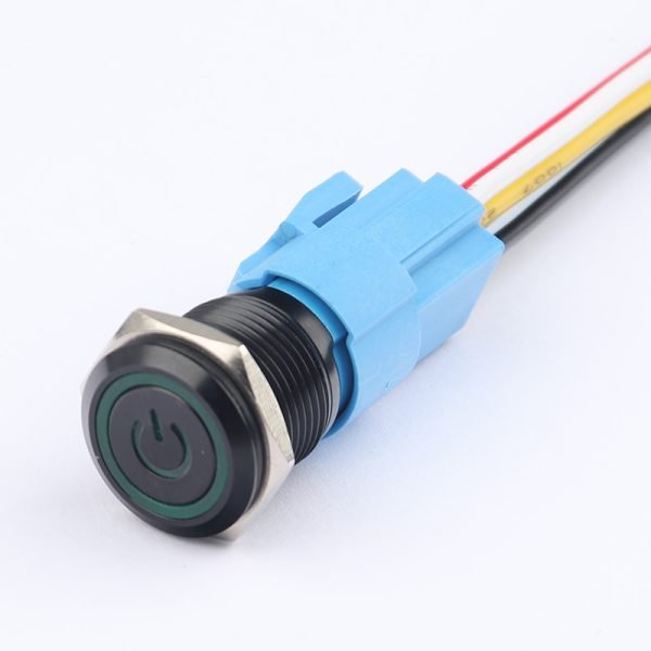 16MM Metal Pushbutton Switch Aluminum Oxide Waterproof Pushbutton Self-Locking Self-Returning High Head Ring Power Symbol LED Black Pushbutton with Cord Socket